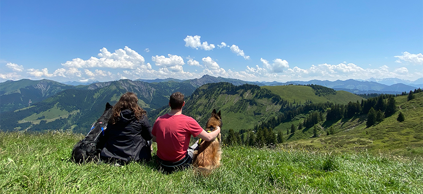 Aussicht in die Berge beim Wandern mit Hund.